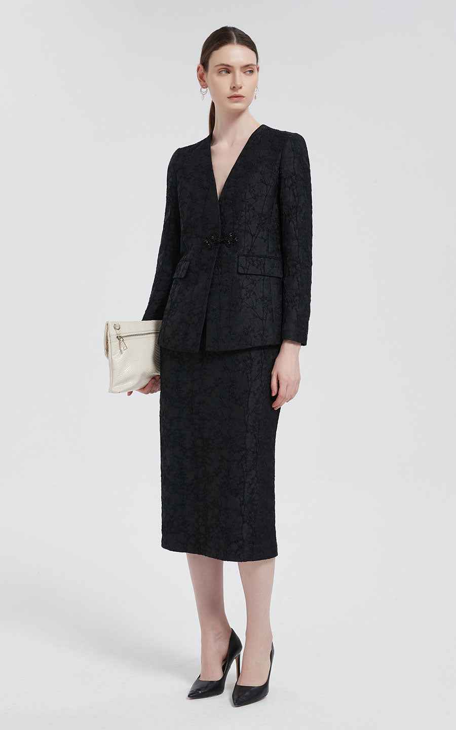 Women's Blazer Set Black V-Neck Jacket & Skirt