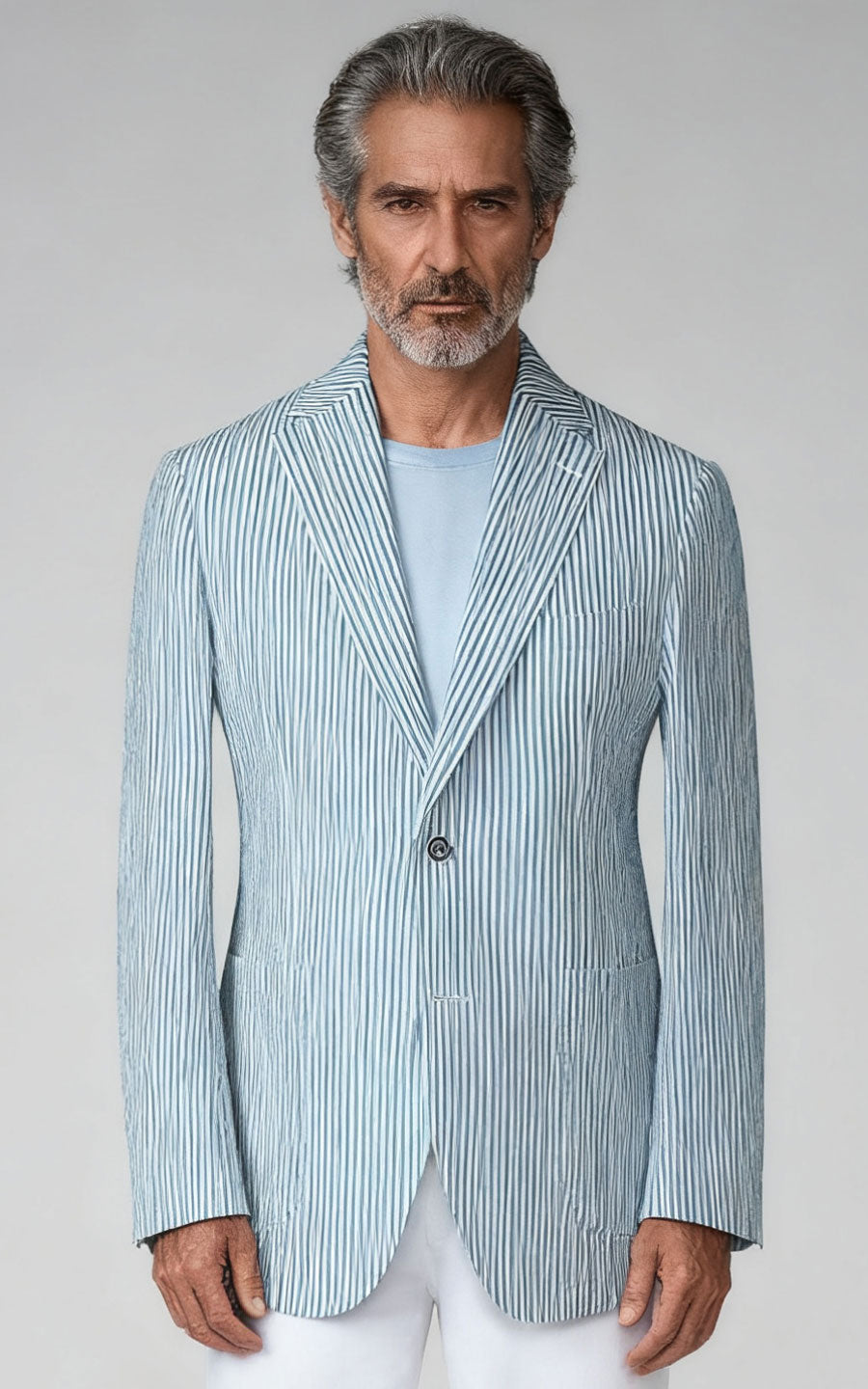 Custom Seersucker Suit - Light Blue Striped | WIAI