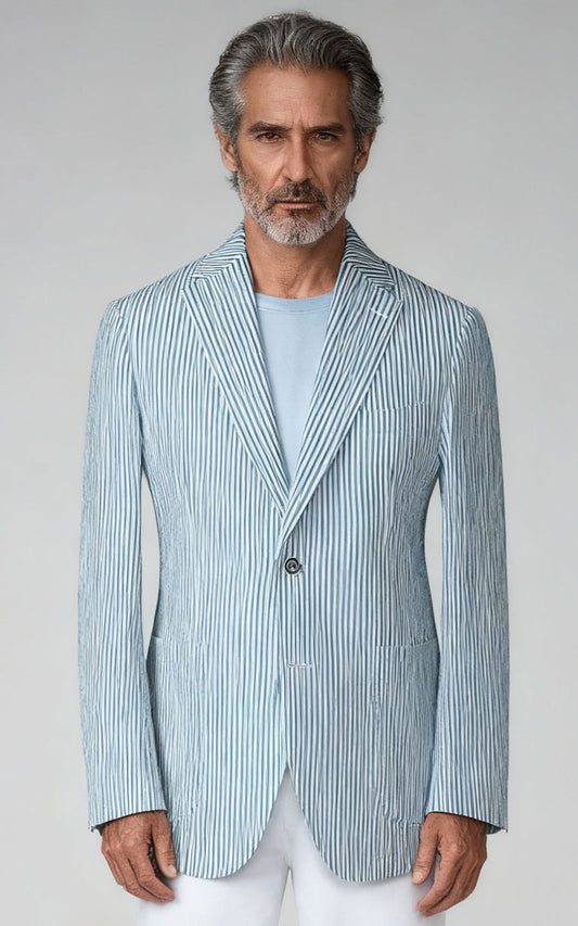 Custom Seersucker Suit - Light Blue Striped | WIAI