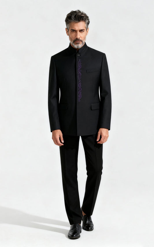 Custom Dark Blue Plaid Jacquard Tailored Suit - Premium