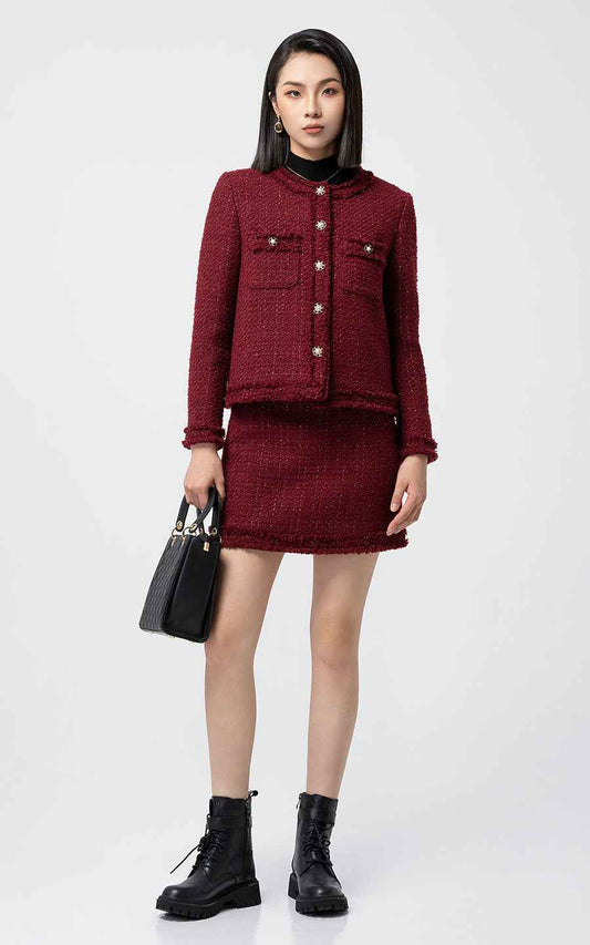 Burgundy Tweed Jacket & Skirt Set - Chic Professional
