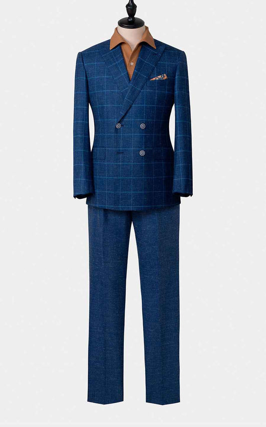 Men's Blue Plaid British Style Tailored Suit