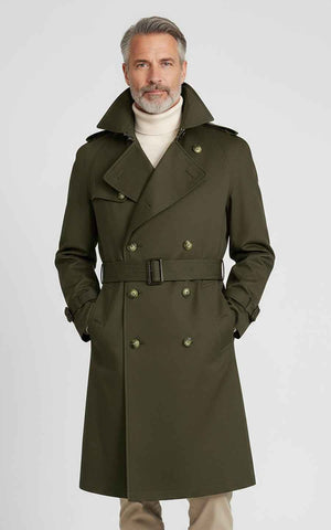 Custom Made men's premium dark green double-breasted Custom trench coat | WIAI Custom Suits - Main View