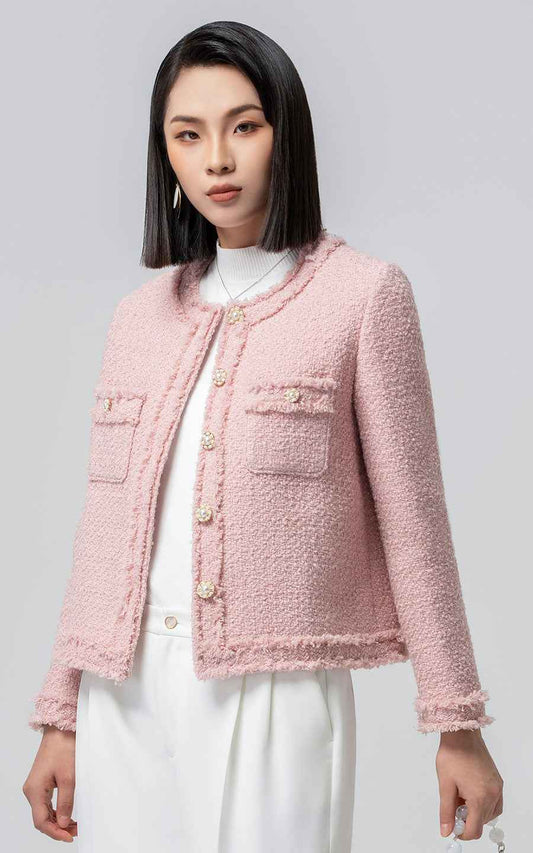 Pink Tweed Jacket & White Pants Elegant Professional Set