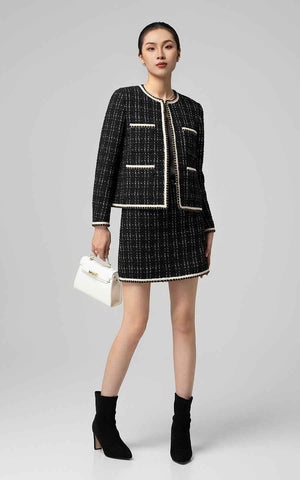 Custom Casual Blazer Suit Set Women Black Tweed | WIAI Custom Suits - Main View