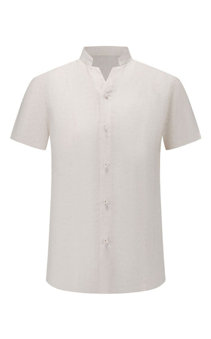 Men's Beige Linen Short Sleeve Casual Shirt - WIAI
