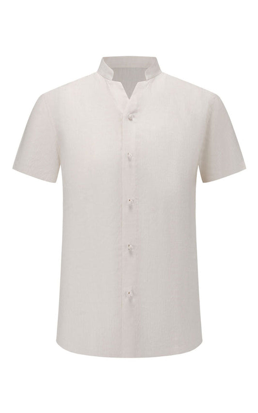 Men's Beige Linen Short Sleeve Casual Shirt - WIAI