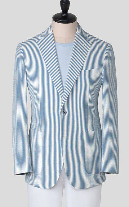 Light blue striped seersucker suit front view custom