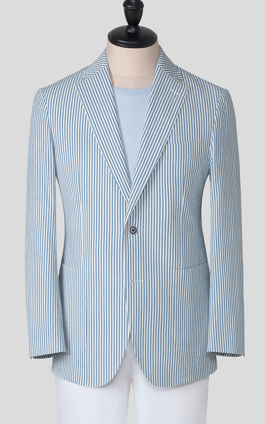 Light blue striped seersucker suit front view custom