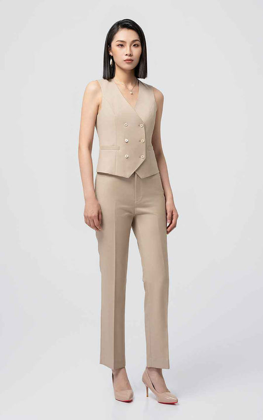 Professional Double-Breasted Vest Pants Set - Beige