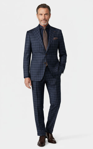 Custom Dark Blue Plaid Suit Set Men Business Formal | WIAI Custom Suits - Main View