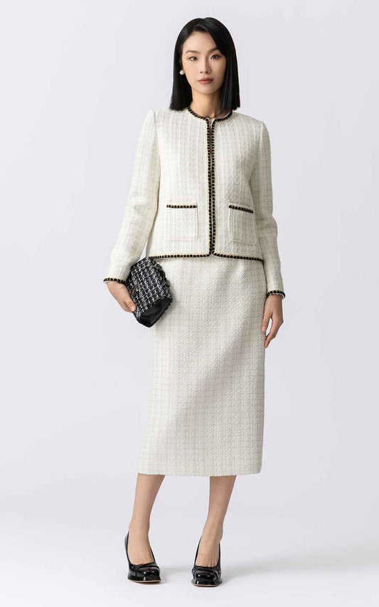 Elegant Cream Tweed Jacket & Skirt Set - Professional