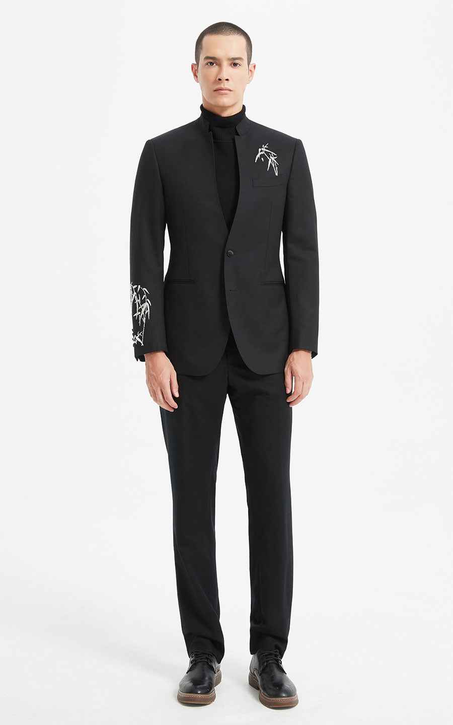 Black Embroidered Bamboo Pattern Oriental Suit Jacket