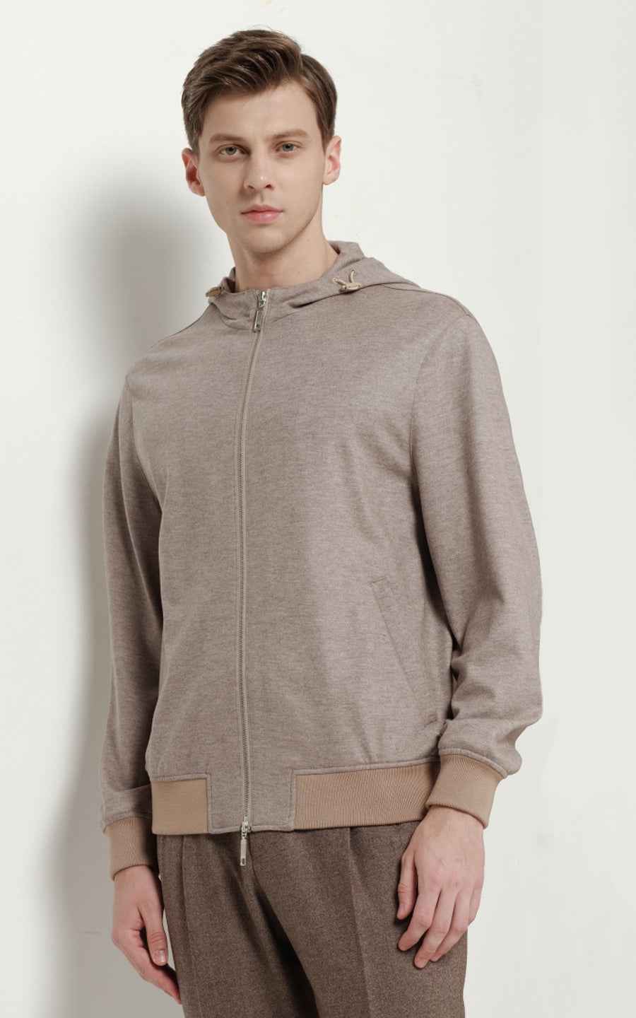 Bespoke Beige Zip Hoodie Men Luxury Athleisure Jacket Coat