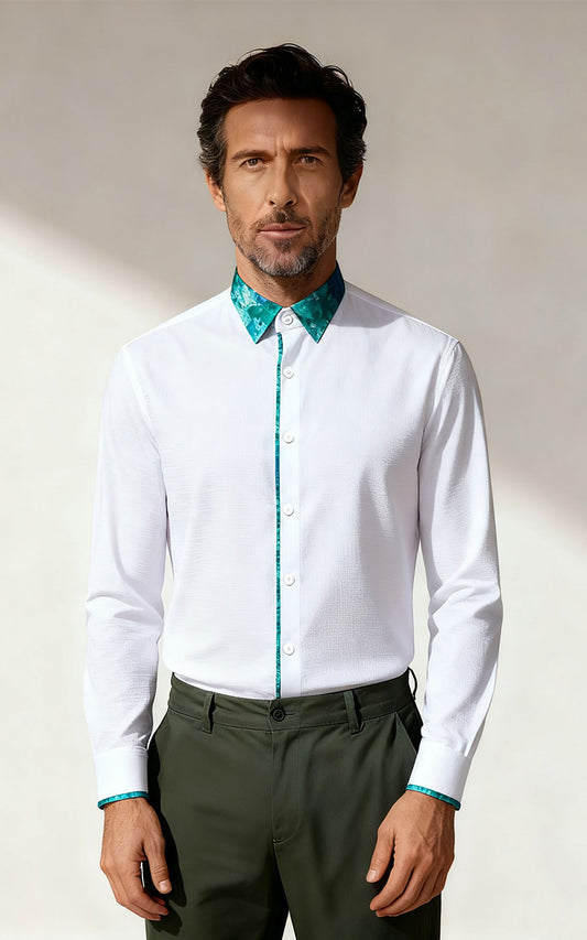Custom White Dress Shirt with Green Accents - Tailored Fit
