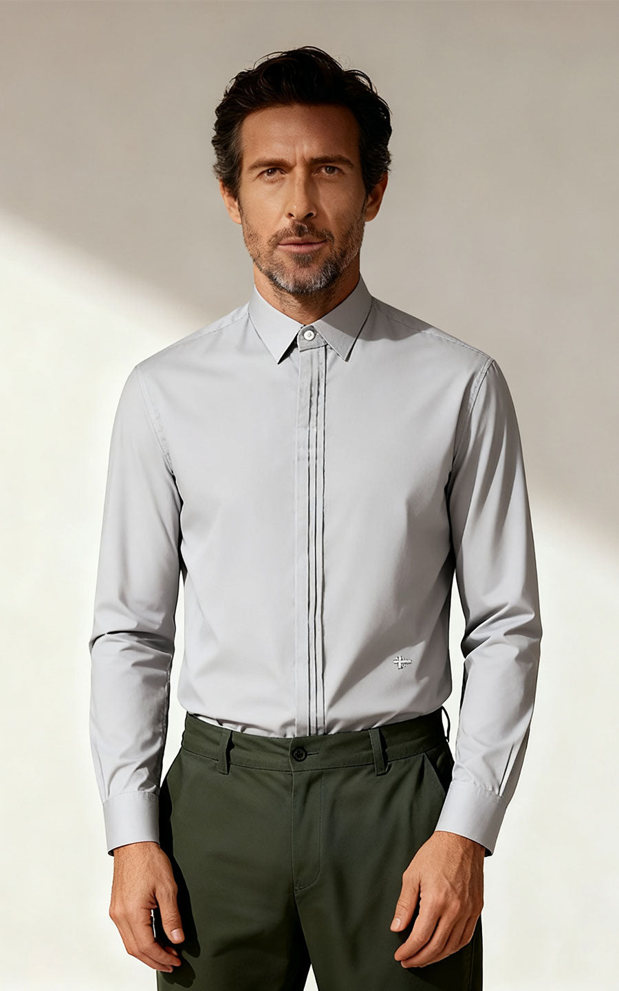 Men's Light Grey Twill Cotton Tailored Shirt - Long Sleeve