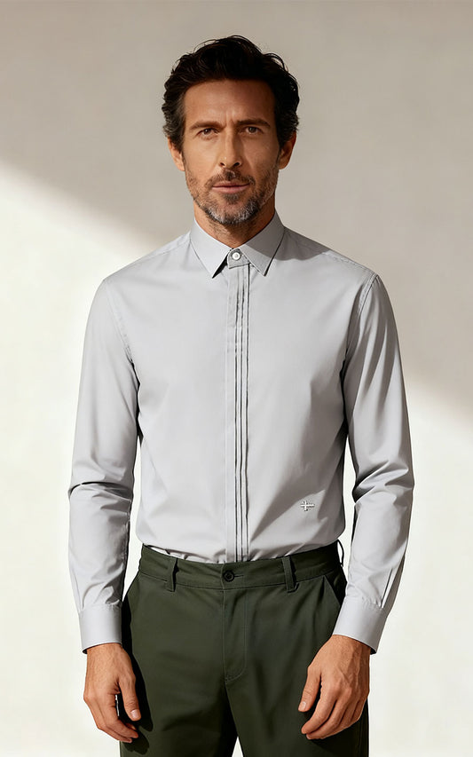 Men's Light Grey Twill Cotton Tailored Shirt - Long Sleeve