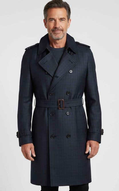 Men's Dark Blue Double-Breasted Custom Casual Trench Coat