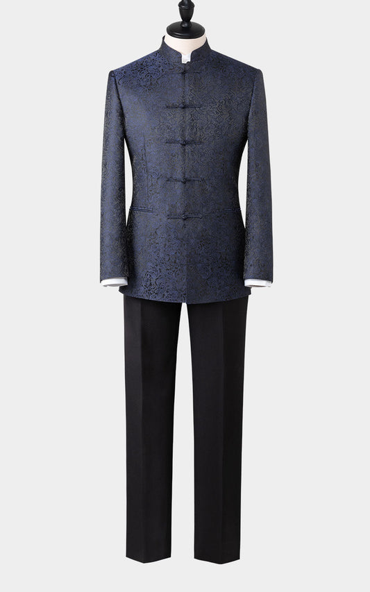 Men's Blue Silk Wedding Suit - Premium Jacquard Custom Fit