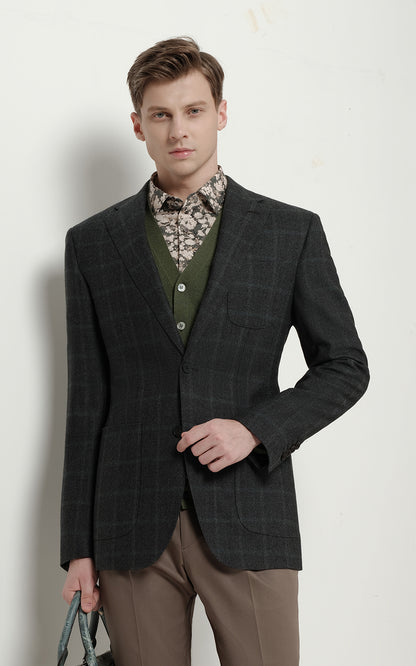 Men's Custom Dark Green Windowpane Business Casual Suit Coat