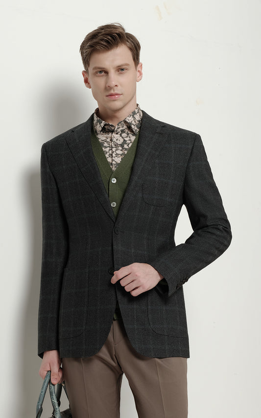 Men's Custom Dark Green Windowpane Business Casual Suit Coat