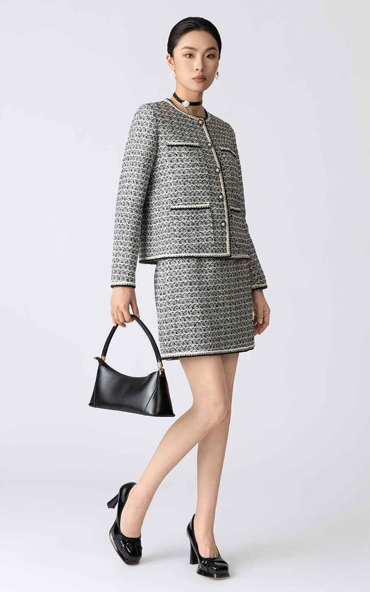 Elegant Tweed Blazer Skirt Set - Professional Business Suit