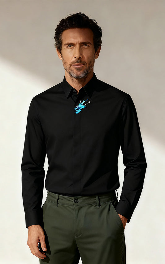Custom Black Dragon Embroidered Dress Shirt - Tailored Fit