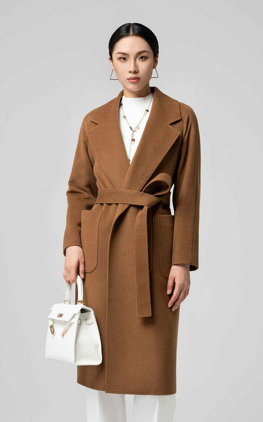 Elegant Camel Belted Wrap Coat - Classic Trench Style