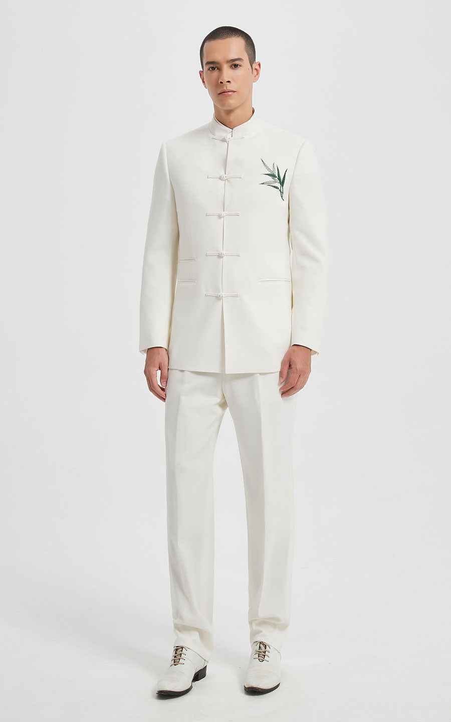 Classic Bamboo Embroidered Chinese Tang Suit Set - Ivory White