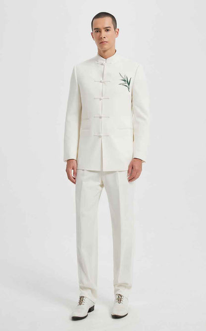 Classic Bamboo Embroidered Chinese Tang Suit Set - Ivory White