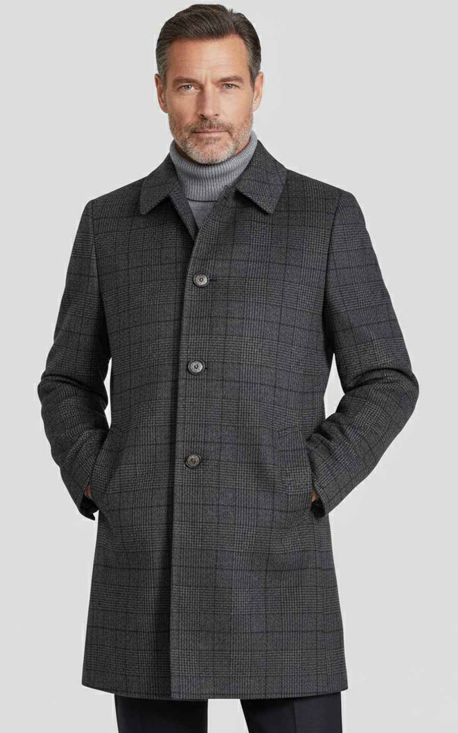 Dark gray plaid men's wool overcoat custom business Coat