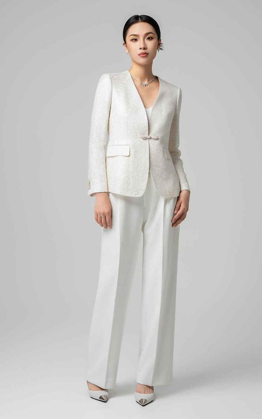 Women's White Elegant Business Suit Set - Blazer & Pants