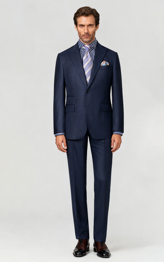Navy Blue Textured Bespoke Suit - Custom Tailored Men