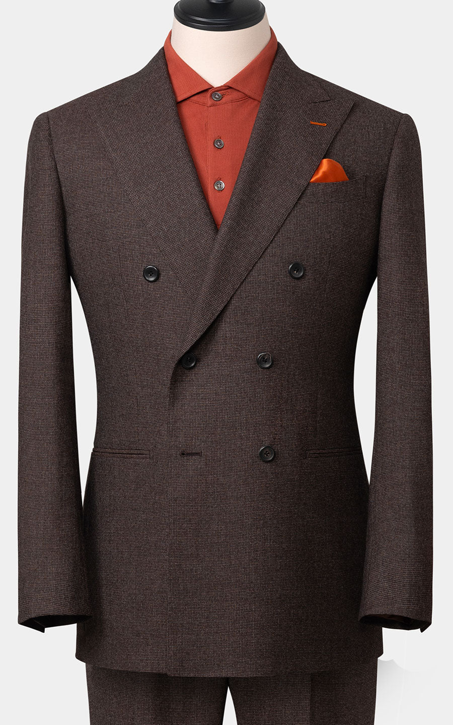 Dark brown checkered pattern suit fabric detail