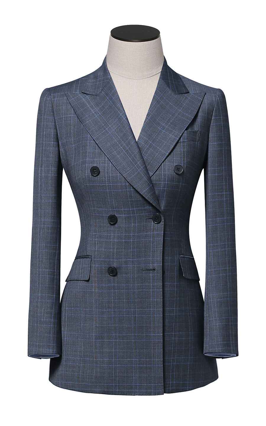 Double-Breasted Plaid Blazer - Navy Check Pattern