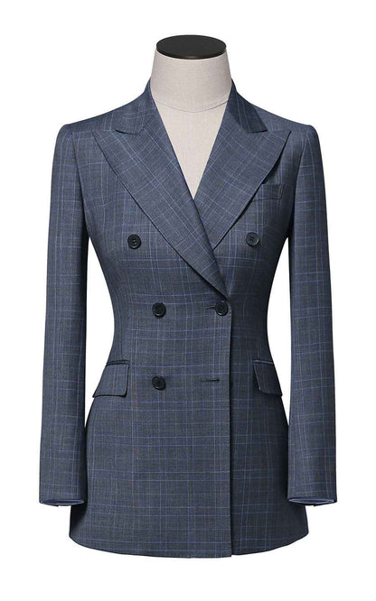 Double-Breasted Plaid Blazer - Navy Check Pattern
