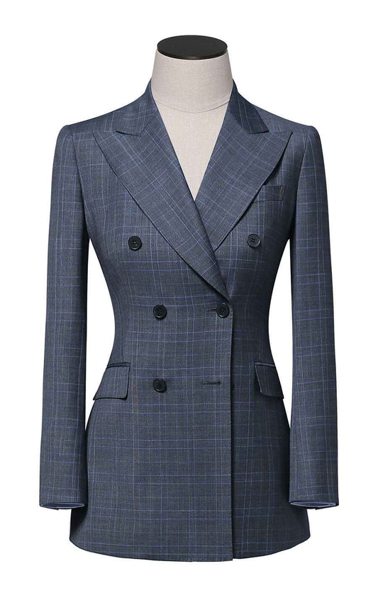 Double-Breasted Plaid Blazer - Navy Check Pattern