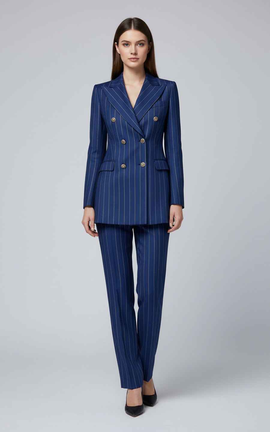 Women's double-breasted blue pinstripe suit set