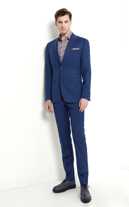 Custom Navy Blue Herringbone Business Men's Suit Set