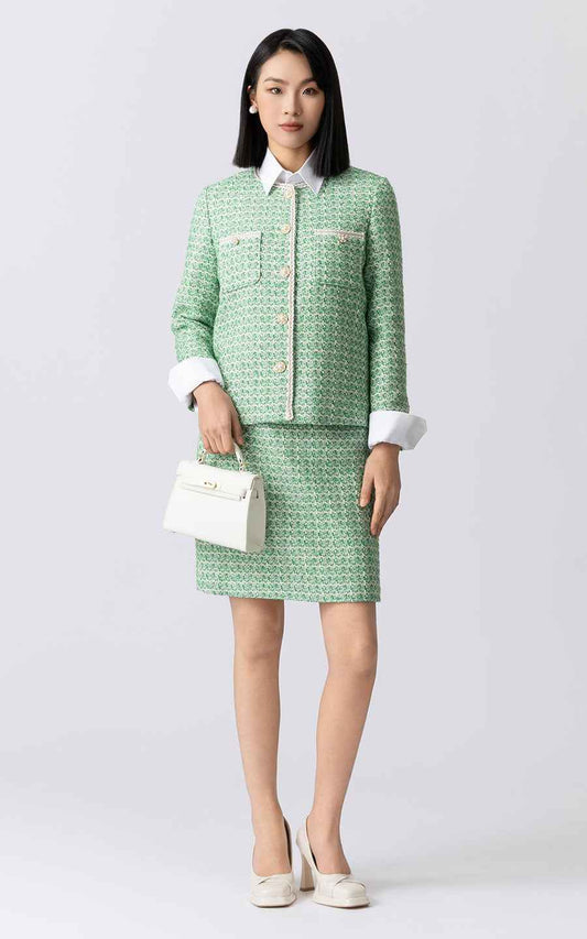 Elegant Green Tweed Suit Set - Jacket & Skirt