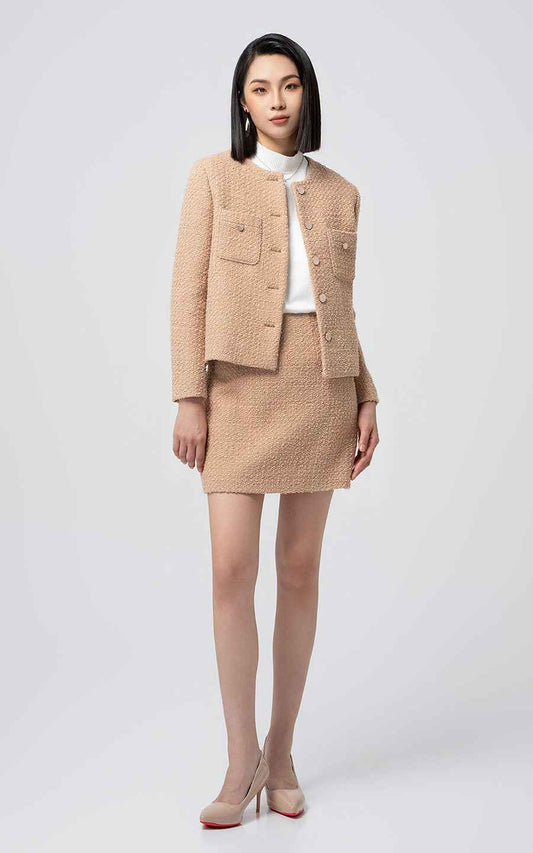 Elegant Beige Tweed Suit Set - Jacket & Skirt