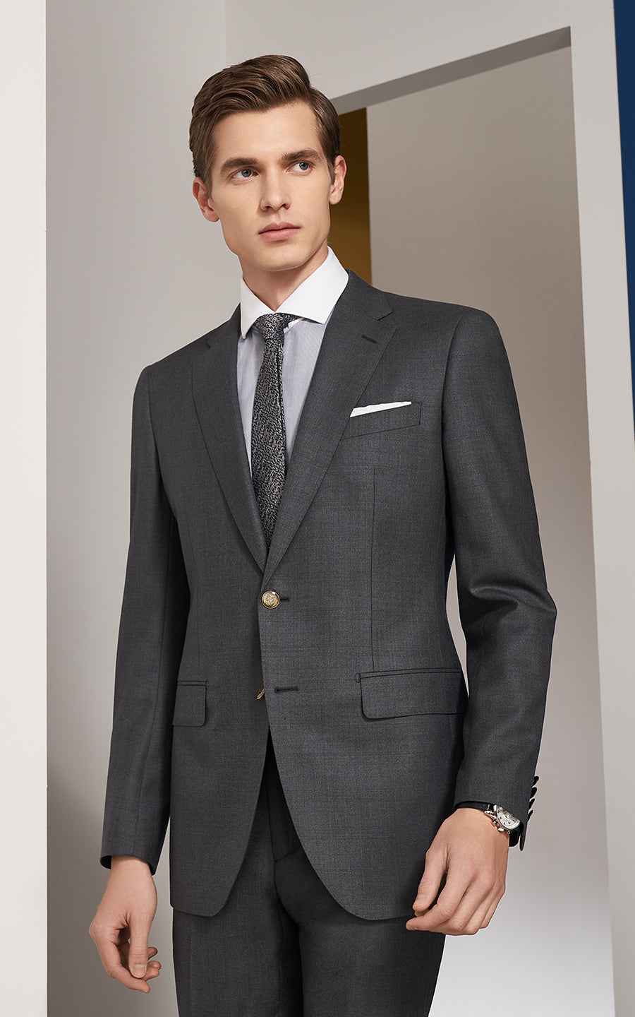 Men's medium gray double-yarn twill customized business suits set