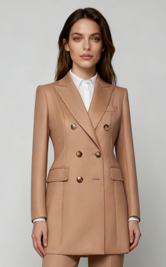 Elegant Camel Double-Breasted Wool Women's Coat
