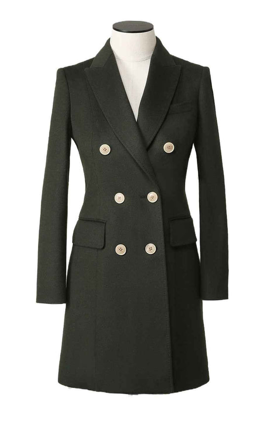 Women's Dark Green Double-Breasted Wool Coat