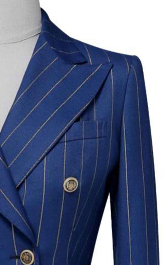 Navy Blue Pinstripe Double-Breasted Blazer Gold Buttons