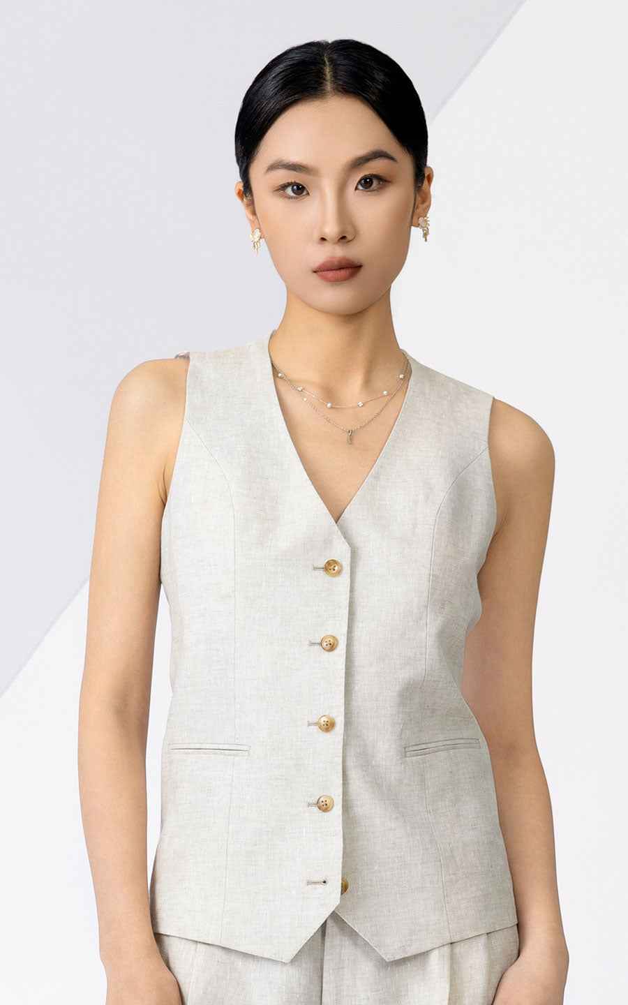Women's Elegant Linen Vest & Pants Suit Set - Light Gray