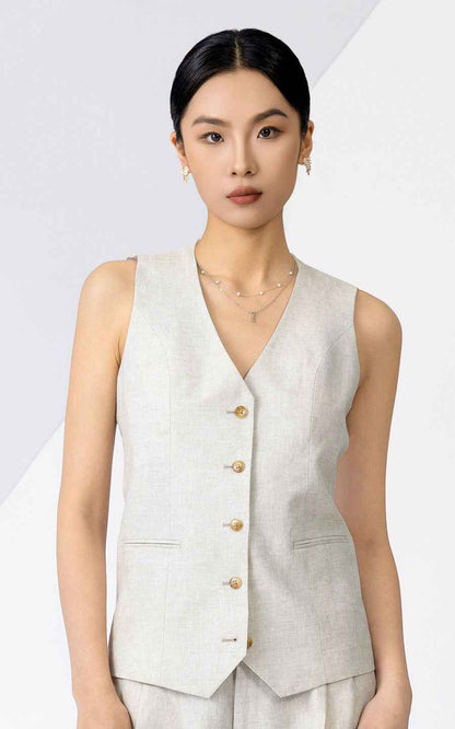 Women's Elegant Linen Vest & Pants Suit Set - Light Gray