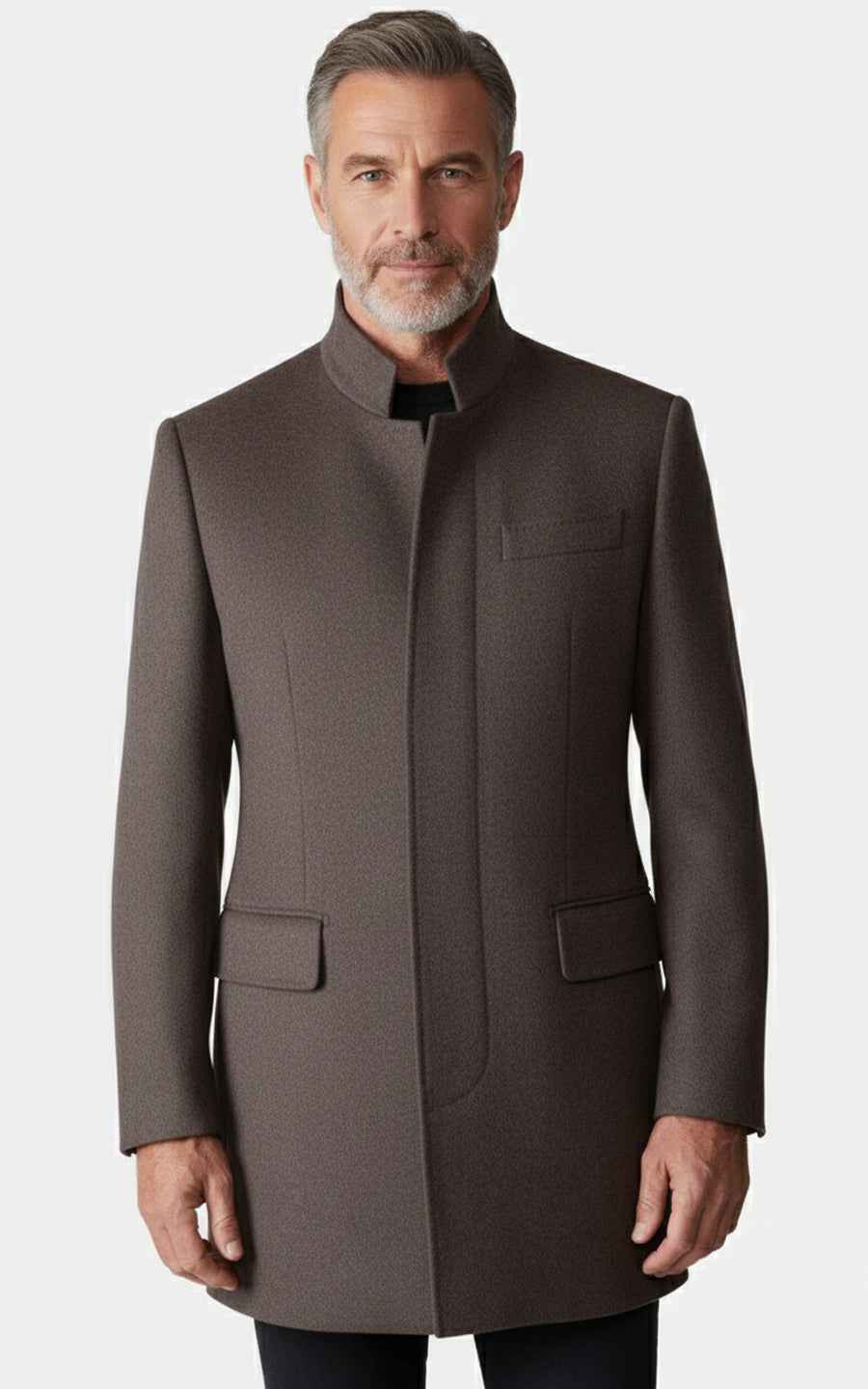 Dark brown wool stand-up collar for men trench coat tailored