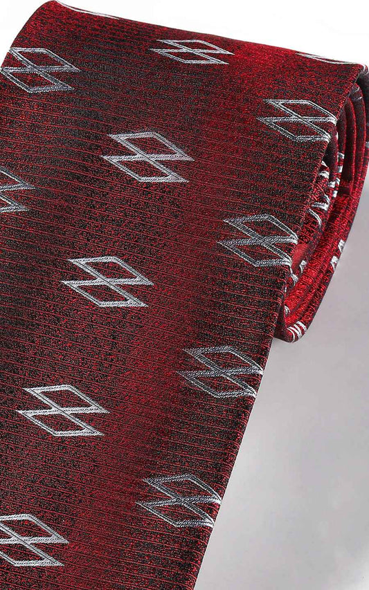 Close-up of burgundy diamond pattern on luxury silk business tie
