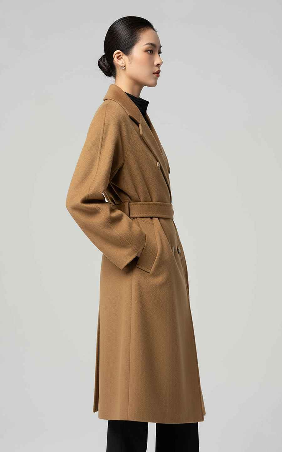 Classic Camel Double-Breasted Trench Coat with Belt